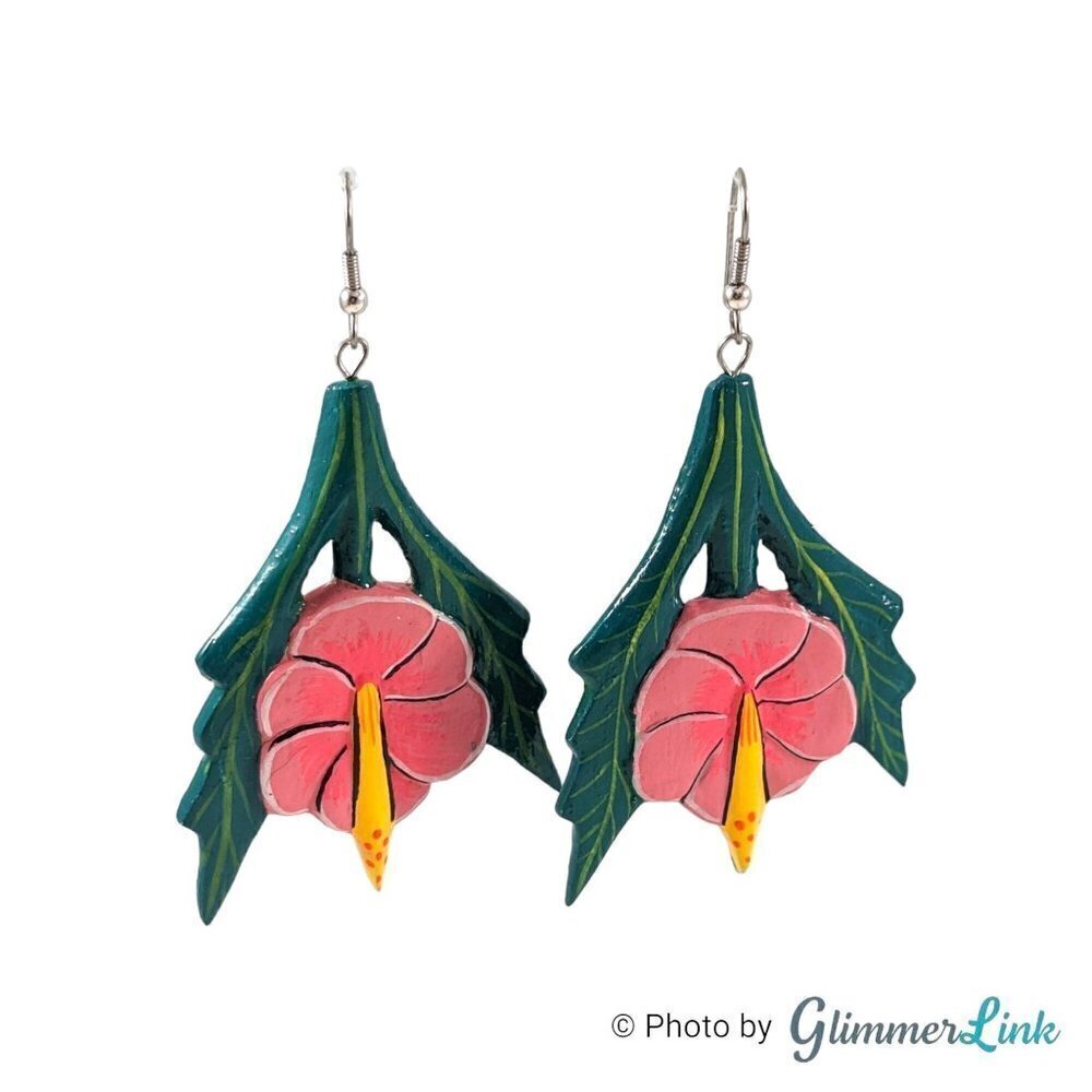 VTG 80s 90s Huge Hibiscus Flower Leaves Hand Painted Carved Wooden Earrings